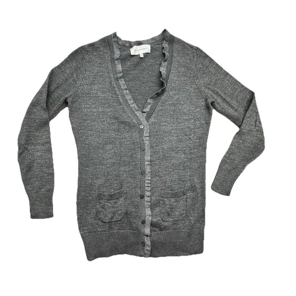 Victorias Secret Black Silver Metallic Ruffle Cardigan M Sweater Cashmere Blend